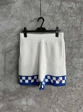 2024新品蓝色格纹针织度假休闲CASA镂空男士时尚五宽松运动短裤子