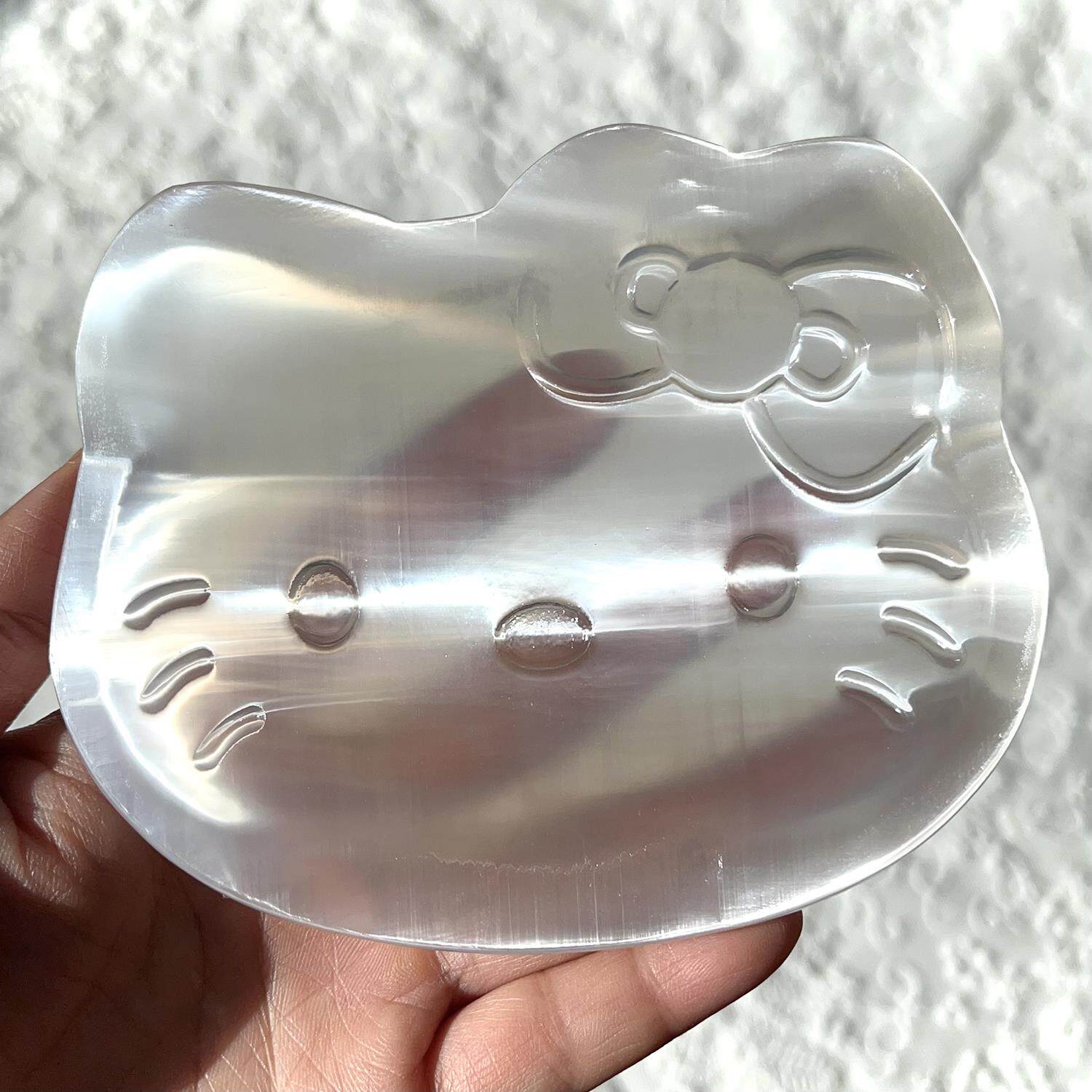天然摩洛哥透石膏盘石膏碗卡通图案透石膏原石打磨水晶盘消磁净化