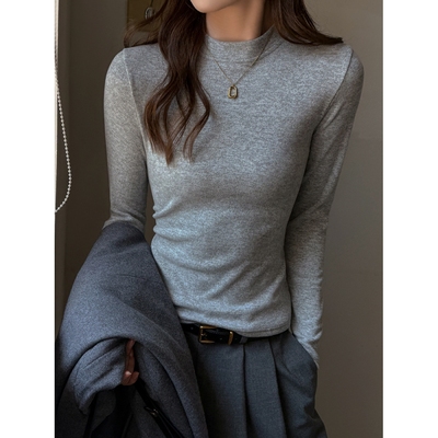 灰色仿羊绒立领针织打底衫女内搭秋冬季正肩t恤高级感可外穿上衣