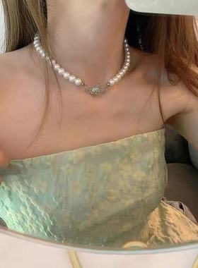 西太后新款ins风仿珍珠项链女颈链小众几何皇冠满钻土星球锁骨链