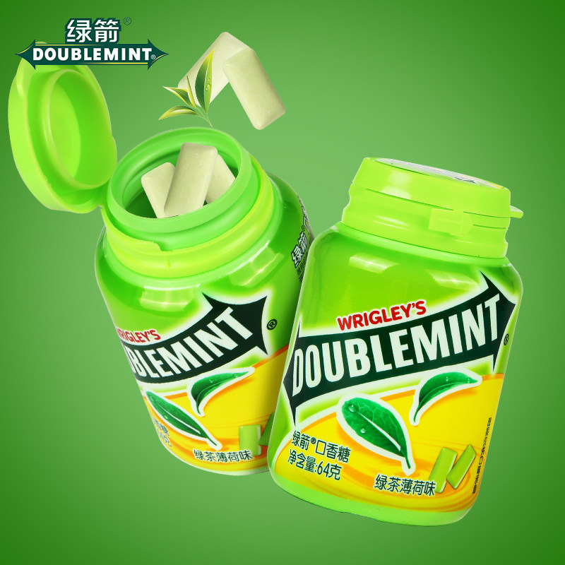 绿箭口香糖约40粒瓶装64g绿茶薄荷味清新口气 办公室休闲零食糖果