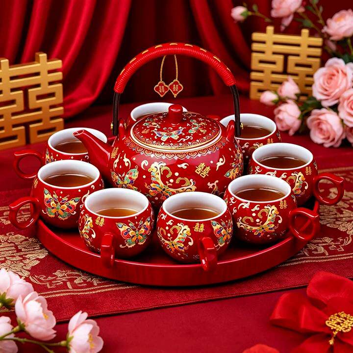 结婚茶具套装新款新娘改口喜茶壶托盘婚庆红色敬茶陶瓷水杯子礼盒