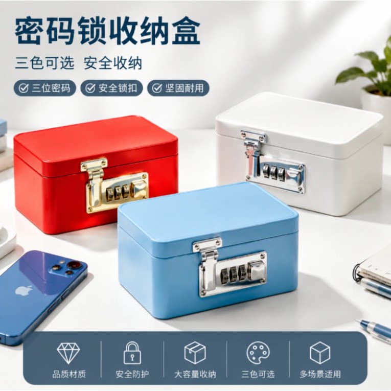 带锁存钱箱桌面防盗收纳铁盒手机收纳盒密码收纳箱罐密码储物盒箱