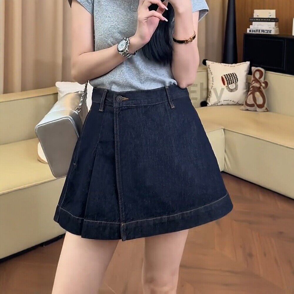 大尺码2026春夏季设计感高腰压褶牛仔裤裙女胖mm遮肚显瘦a字半身