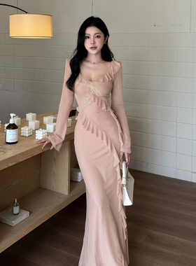 AhhCute 【日常系甜茶】粉色纯欲鱼尾包臀连衣裙轻奢宴会抹胸长裙