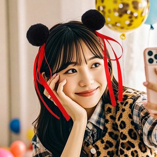 可爱哪咤丸子头发箍毛球飘带对夹头箍 COS魔童哪吒搞怪拍照头zj56