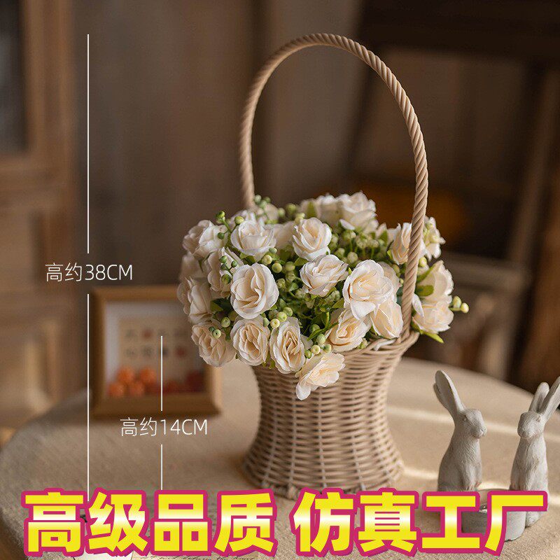 田园风客厅餐厅玄关柜装饰摆件手工草编花篮手提编织篮仿真花套装