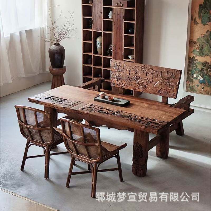 中式老榆木雕花茶桌诧寂风门板桌椅组合民宿泡茶台长方形大板桌