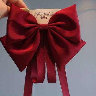 儿童红色绸缎蝴蝶结发夹飘带头饰女童后脑勺夹子女孩发饰公主发卡