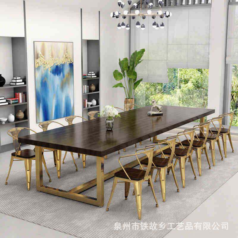 开会培训办公洽谈会议桌 简约实木长条多人办公家具 北欧铁艺桌椅
