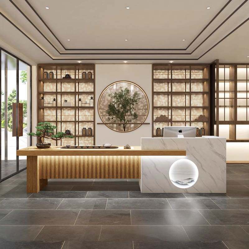 新中式养生馆吧台复古足浴店前台接待台实木采耳店饭店茶楼收银台