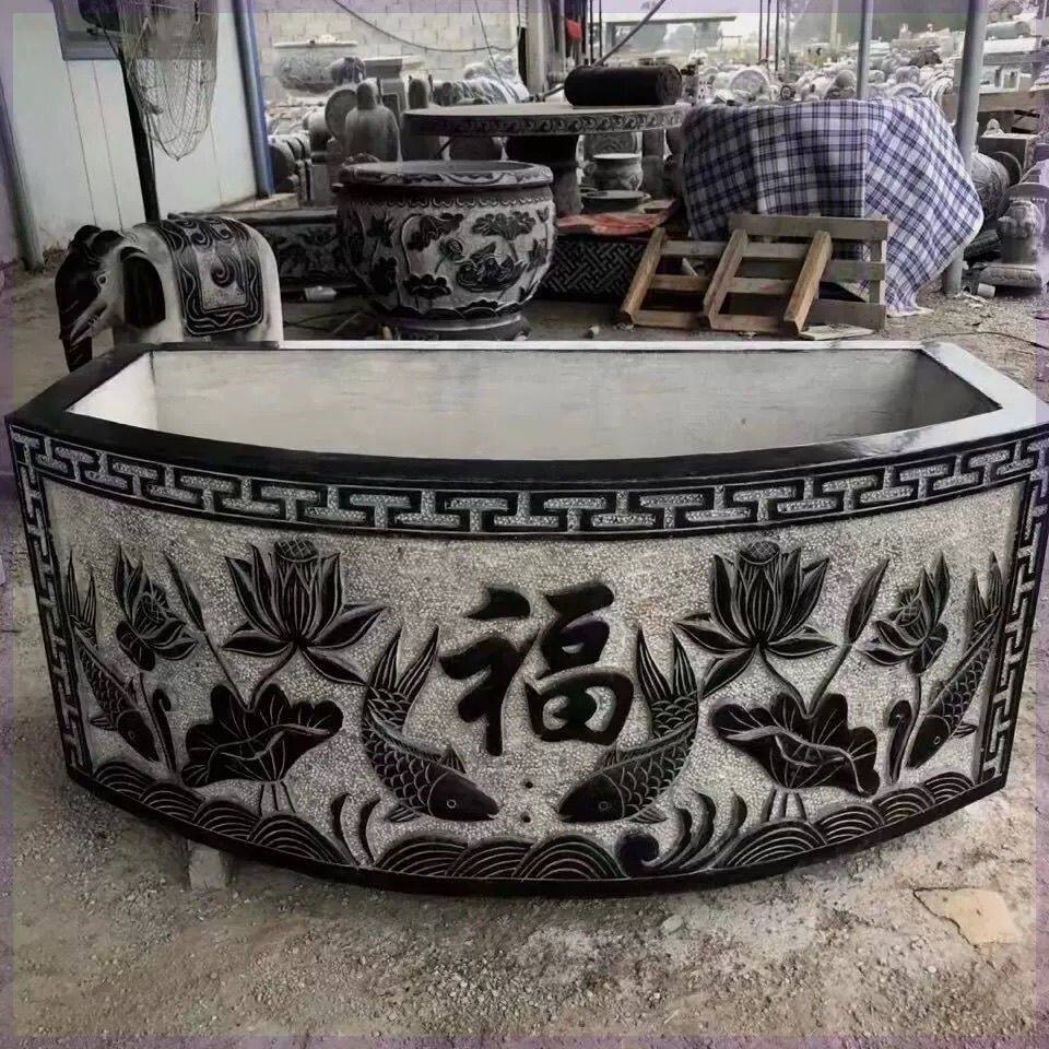 青石仿古壁盆荷花花盆流水石盆庭院石缸青石盆定制户外半圆形水缸