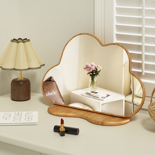 ins覆古实木云朵化妆镜家用卧室化妆台镜子折叠台式桌面大化妆镜