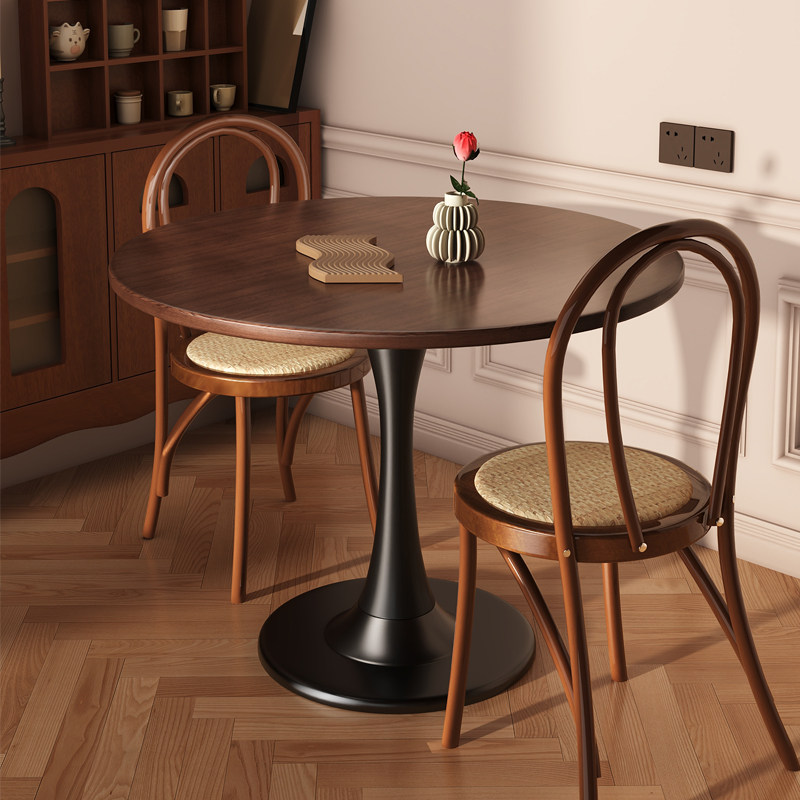 圆桌子胡桃木郁金香小圆桌椅阳台休闲洽谈桌咖啡奶茶店餐桌中古风