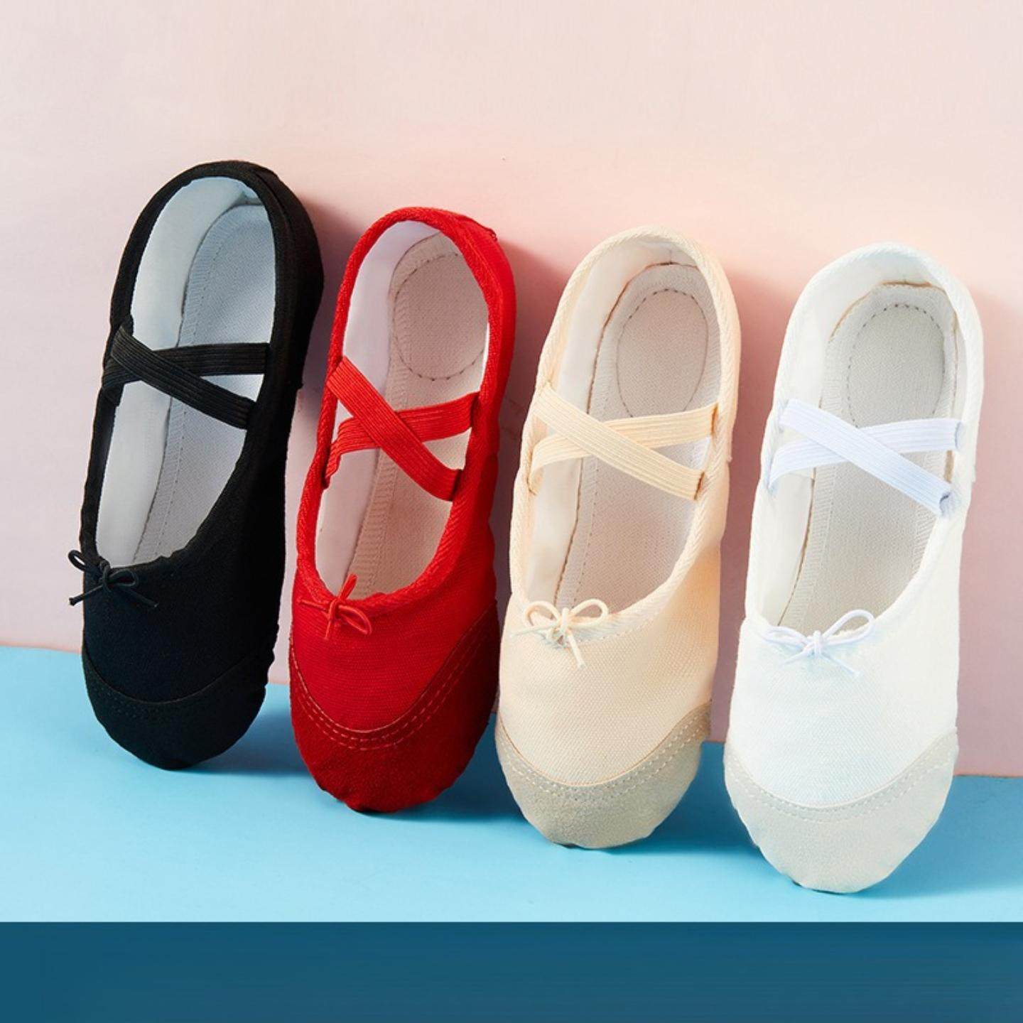 红色舞蹈鞋女童牛皮软底练功猫爪鞋抽绳皮头室内系带款芭蕾舞蹈鞋