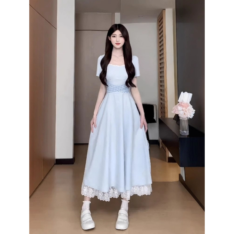 大码女装欧若风蓝色掐腰裙子夏季新款长裙胖mm修身遮胯显瘦连衣裙
