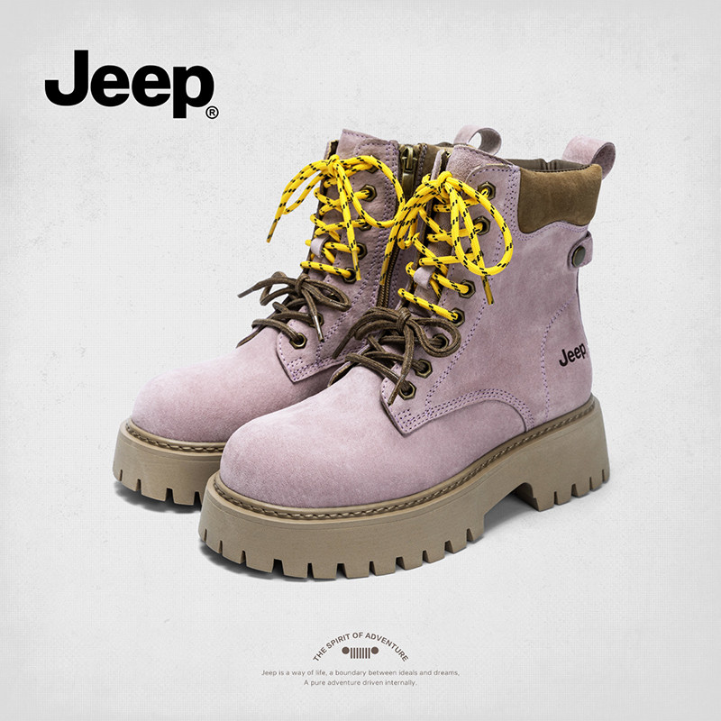 jeep靴子女鞋2025新款英伦风粉色增高短靴粗跟厚底防滑中筒马丁靴