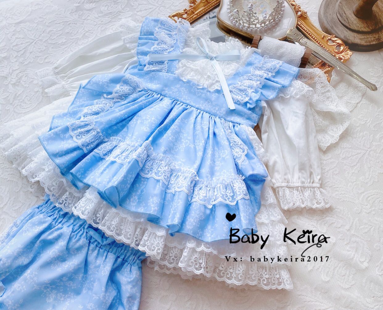 西班牙童装春夏女童蓝色碎花连衣裙蓬蓬裙超洋气周岁生日裙公主裙