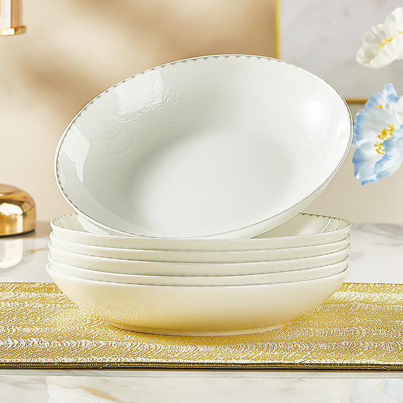 纯白骨瓷盘子家用菜盘套装2025新款轻奢碗盘餐具可微波陶瓷深盘子