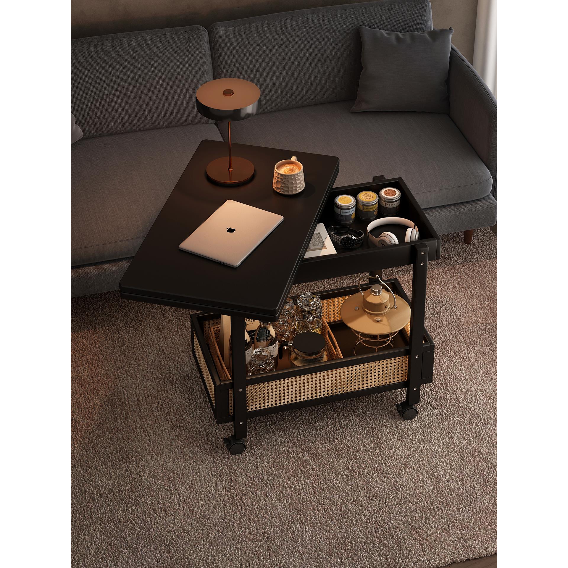 可伸缩折叠边几带轮中式复古风小户型租房专用茶几客厅家用小推车