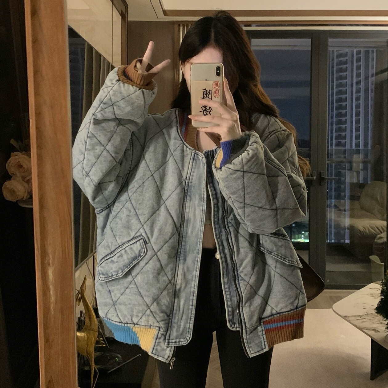 实拍实价 美式菱格拼接撞色加厚棉衣外套洋气时尚宽松百搭棉服