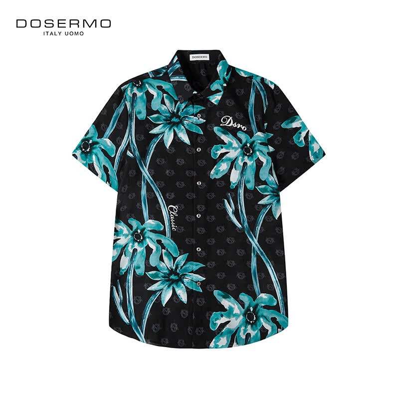 丹西摩（DOSERMO）轻奢夏季男士短袖衬衫男印花修身翻领商务休闲