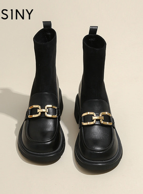 卓诗尼厚底乐福鞋短靴女2025新款秋冬靴子女马丁靴黑色袜靴小皮鞋