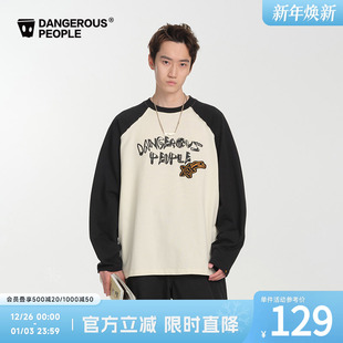Dangerouspeople薛之谦dsp毛边拼接贴布绣宽松百搭潮圆领长袖 T恤