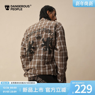Dangerouspeople薛之谦dsp复古格纹衬衫 潮牌落肩宽松做旧印花长袖