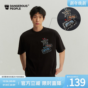 Dangerouspeople薛之谦dsp牛仔贴布短袖 T恤磨毛潮牌男百搭体恤