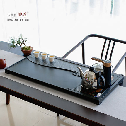 观造天然乌金石茶盘烧水壶电磁炉一体石头茶海家用简约茶台嵌入式