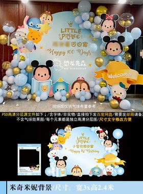 蓝色米奇米妮宝宝宴背景设计生日周岁百日宴拍照相框PSD素材588
