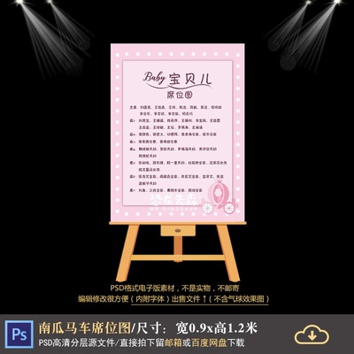 INS简约粉色宝宝宴席位图设计马车生日百日宴座位图PSD素材1115