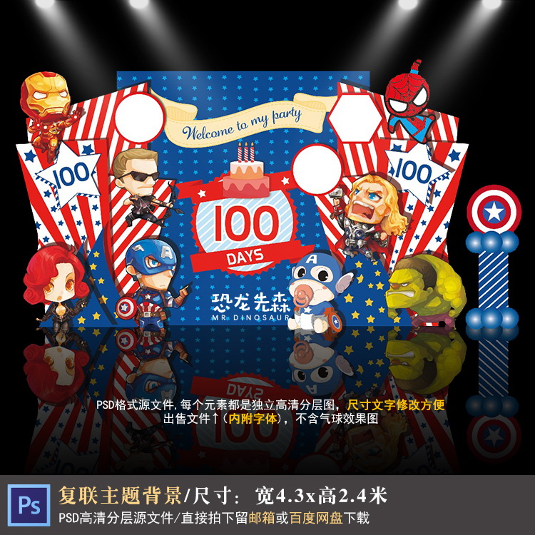 复仇者联盟宝宝宴背景设计漫威复联生日宴百日宴周岁PSD素材Y1084