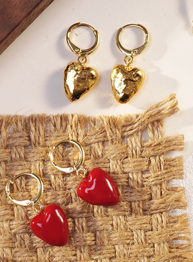 Elise Tsikis 925纯银镀金珐琅红色爱心耳钉小众法式复古桃心耳钉