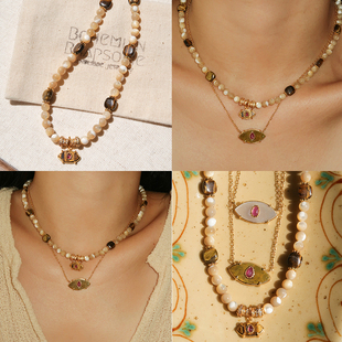 法国Bohemian Rhapsodie波西米亚珍珠贝母镀金虎眼石恶魔之眼项链