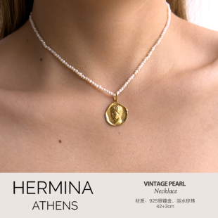 Hermina Athens金色赫尔墨斯吊坠项链天然珍珠精致锁骨链可拆卸