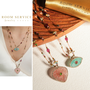 法国Room Service恶魔之眼天然石碧玺吊坠项链高级爱心吊坠锁骨链