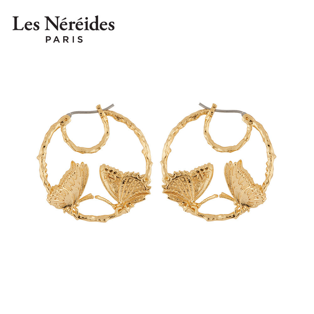 Les Nereides华丽自然系列 蝴蝶圈圈耳环耳圈 珐琅镀金优雅法式女