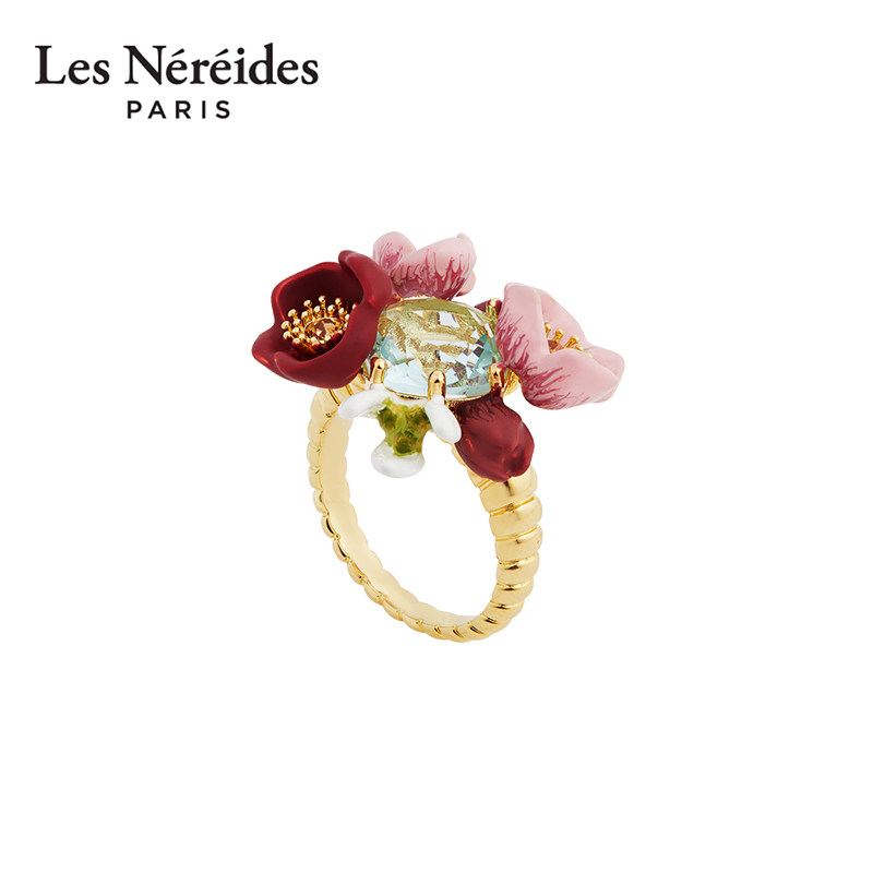 Les Nereides雪绒冬季系列 菟葵花与水晶石 戒指珐琅釉彩轻奢精致