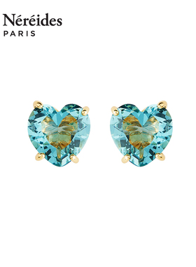 Les Nereides水蓝星钻天蓝色心形爱心耳钉式耳环星钻系列法式复古