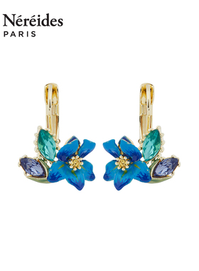 Les Nereides梵高鸢尾花系列 蓝绿色星钻与鸢尾花耳挂耳钉 复古