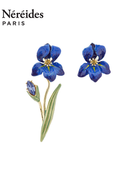 Les Nereides梵高鸢尾花系列 蓝色鸢尾花不对称耳钉 小众复古浪漫