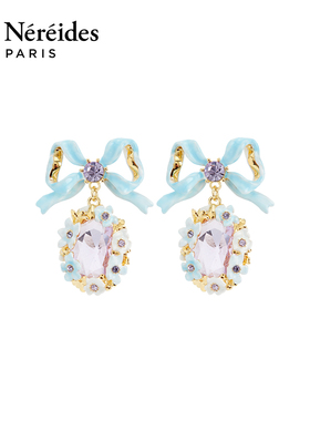 Les Nereides时光礼遇系列 蓝色蝴蝶结与水晶石 耳夹洛可可风耳钉