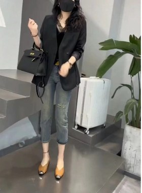 韩国设计师CherryKoko春季新款时尚黑色西服外套牛仔小脚九分裤女