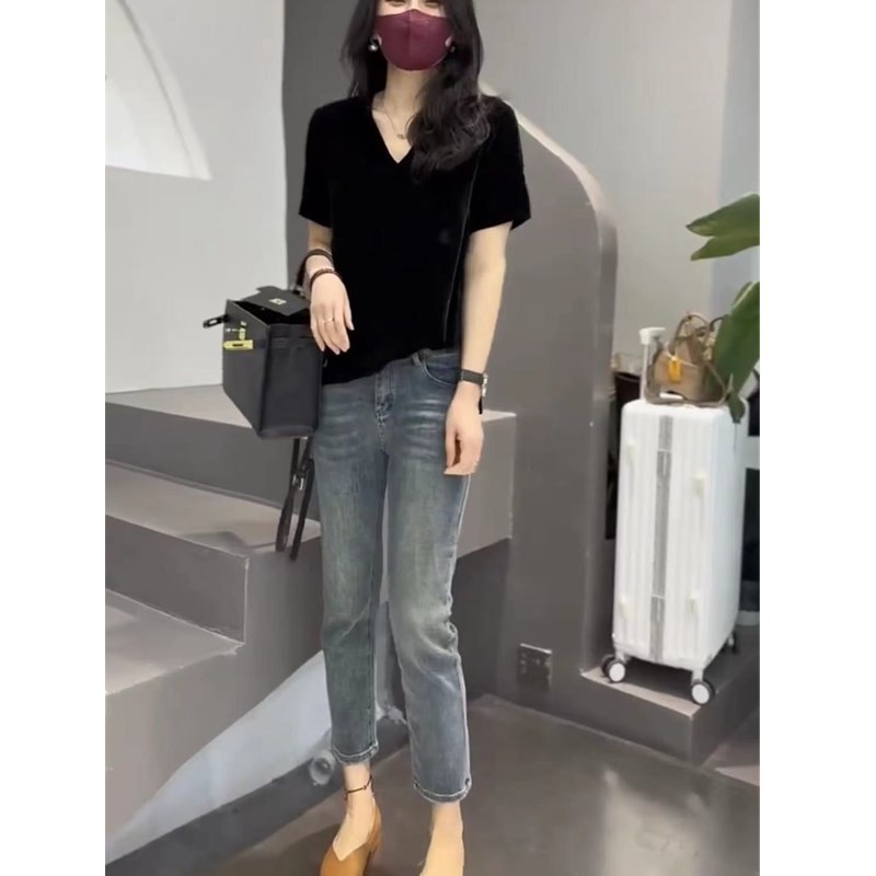 日系george melis早秋新款宽松v领t恤时尚九分烟管裤显瘦洋气