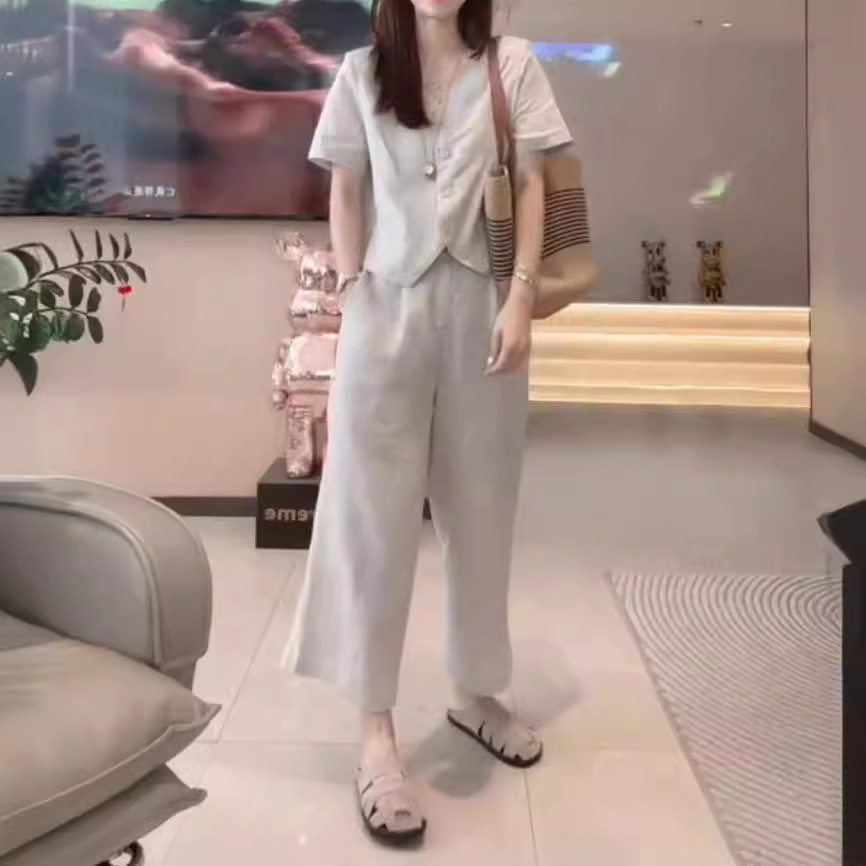 日系george melis夏季新款时尚v领短袖上衣高腰阔腿裤休闲显瘦