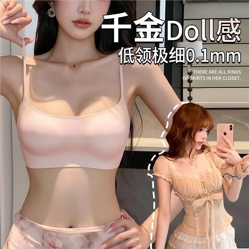 超细肩带低领内衣女小胸聚拢无痕百搭方领抹胸隐形美背文胸薄款