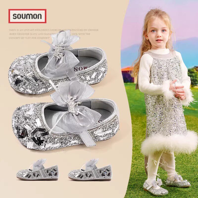 书萌女童亮片公主鞋2025春季新款蝴蝶结水晶鞋演出舞蹈鞋皮鞋洋气