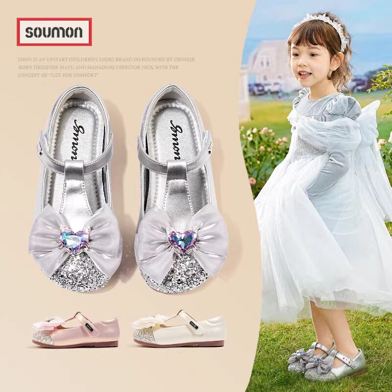 儿童银色小皮鞋中大童公主鞋女童配礼服春款女小童演出水晶公主鞋